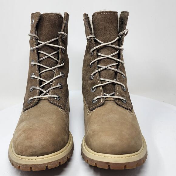 Timberland Teddy Fleece Fold Down Boots Women 7 Taupe Leather Waterproof Lace-up - Picture 4 of 16